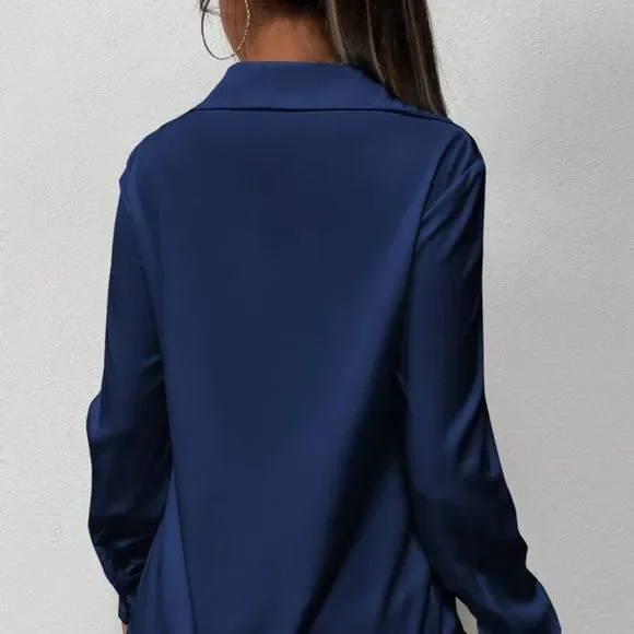 New Women Solid Twist Front Blouse Gold Navy Blue - Picture 3 of 6